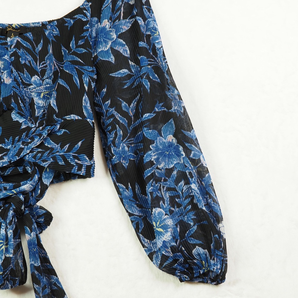 Blue Floral Crop Top L Tie Front Balloon Sleeve Cottagecore Boho Japna Romantic - Picture 7 of 9
